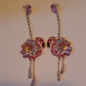 Betsey Johnson Linear Drop Pink Flamingo Earrings